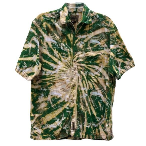 Flyshacker Sailfish Green Tan Acid Tie Dye Short Sleeve Button Shirt Mens Large - Picture 1 of 10